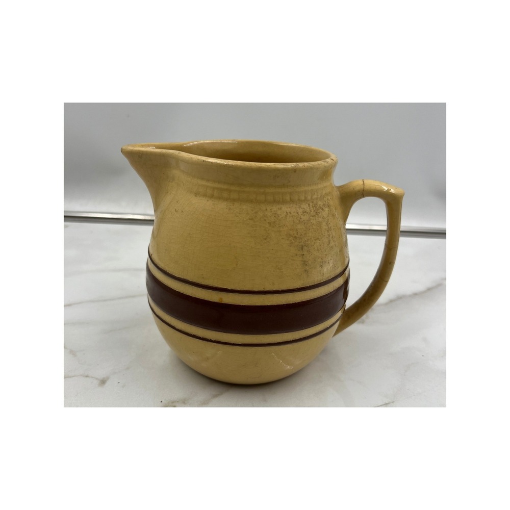 Antique Weller Pottery Yellow Ware Pitcher Brown Banded Stoneware Jug
